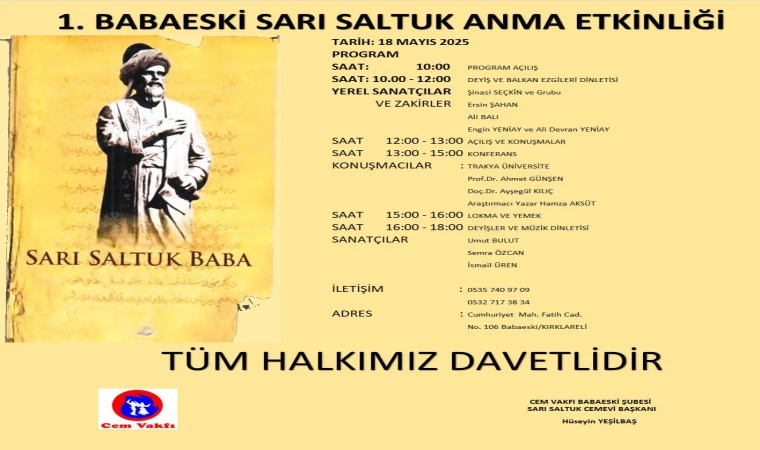 Babaeski'de 1.Sarı Saltuk Anma Etkinliği Düzenlenecek