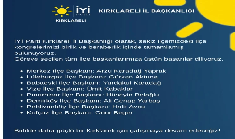 Kırklareli İYİ Parti İlçe Kongrelerini Tamamlandı