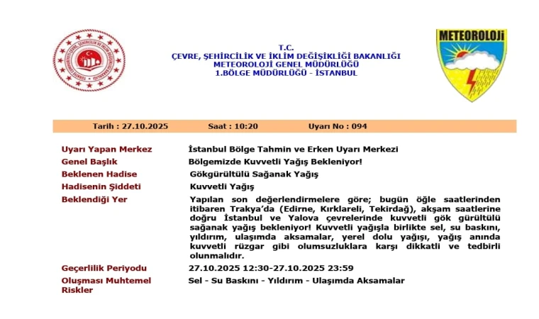Kırklareli Valiliği’nden Yağış uyarısı geldi