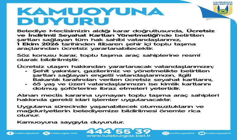 Lüleburgaz Belediyesi’nden ‘ücretsiz ulaşım’ duyurusu!
